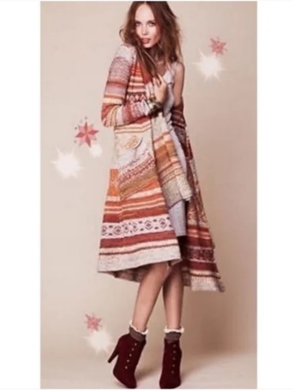 Free People Striped Open Maxi Cardigan Duster in Cream, Rust, Orange Wool Blend - Picture 7 of 12